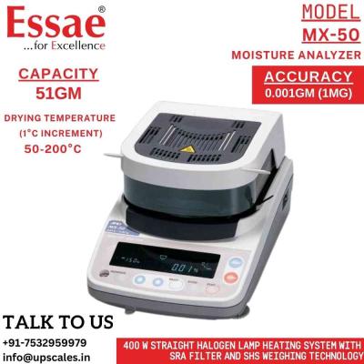 Essae MX50 Moisture Analyser Drying Temperature (1°C increment) 50-200°C | Capacity 51gm and Accuracy 0.001gm(1mg) | 400 W straight halogen lamp heating system