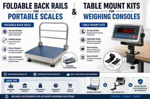 Foldable Back Rails for Portable Scales & Table Mount Kits for Weighing Consoles