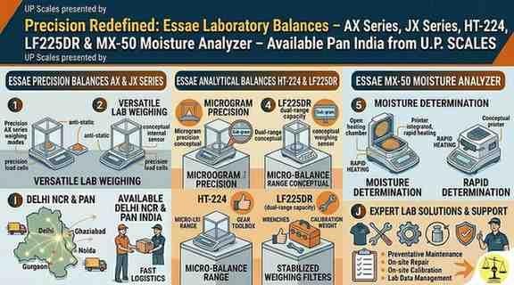 Precision Redefined: Essae Laboratory Balances – AX Series, JX Series, HT-224, LF225DR & MX-50 Moisture Analyzer – Available Pan India from U.P. SCALES