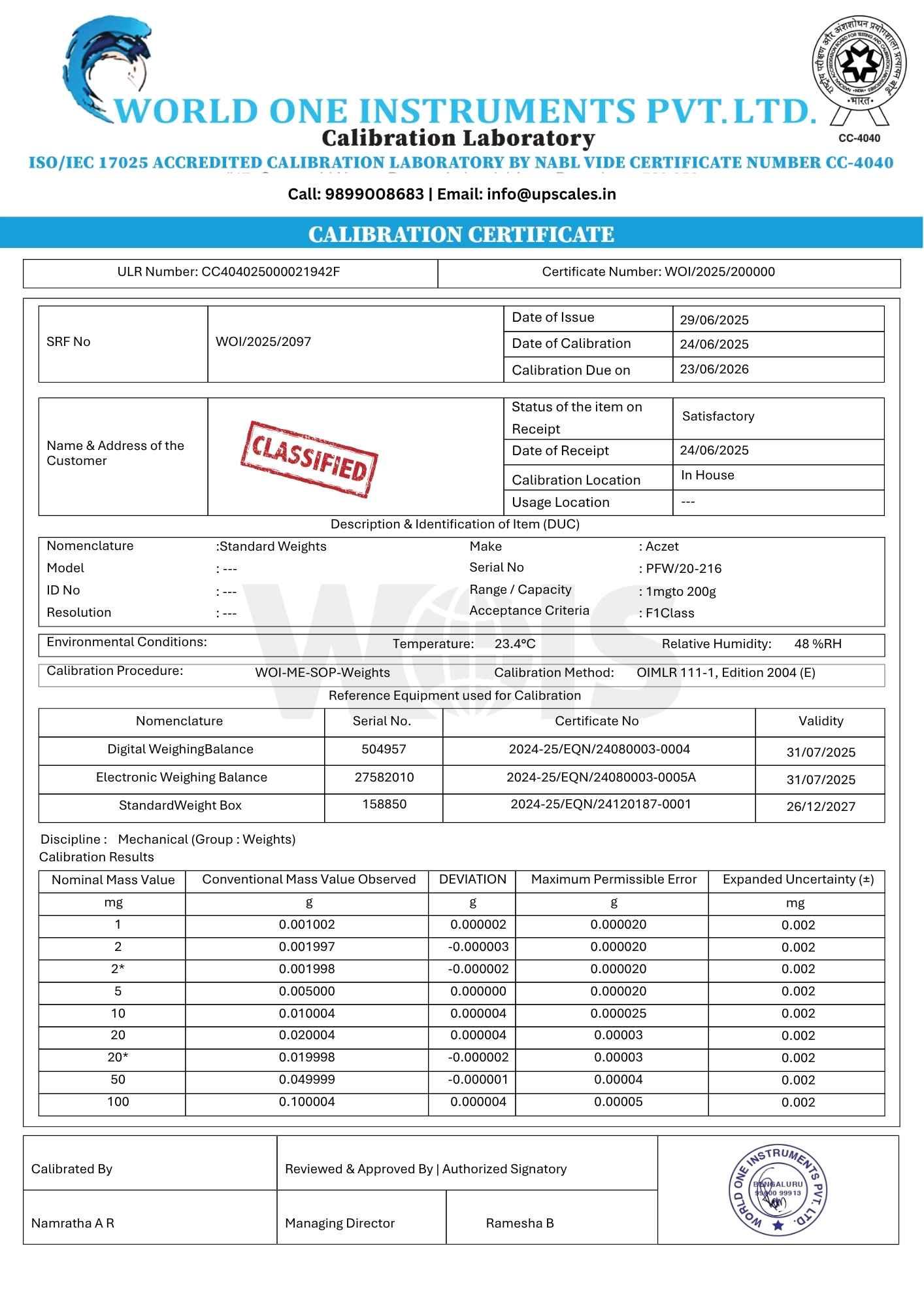 NABL 17025 Calibration Certificate