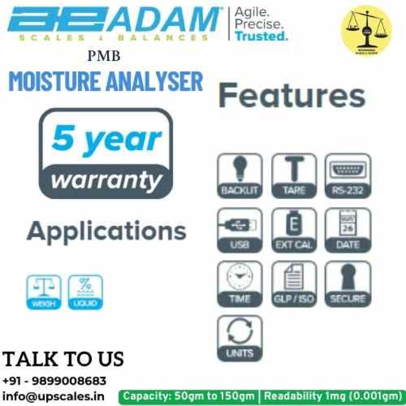 PMB Moisture Analyser by Adam Equipment | PMB Moisture Analysers Capacity 50gm and Readability 1mg