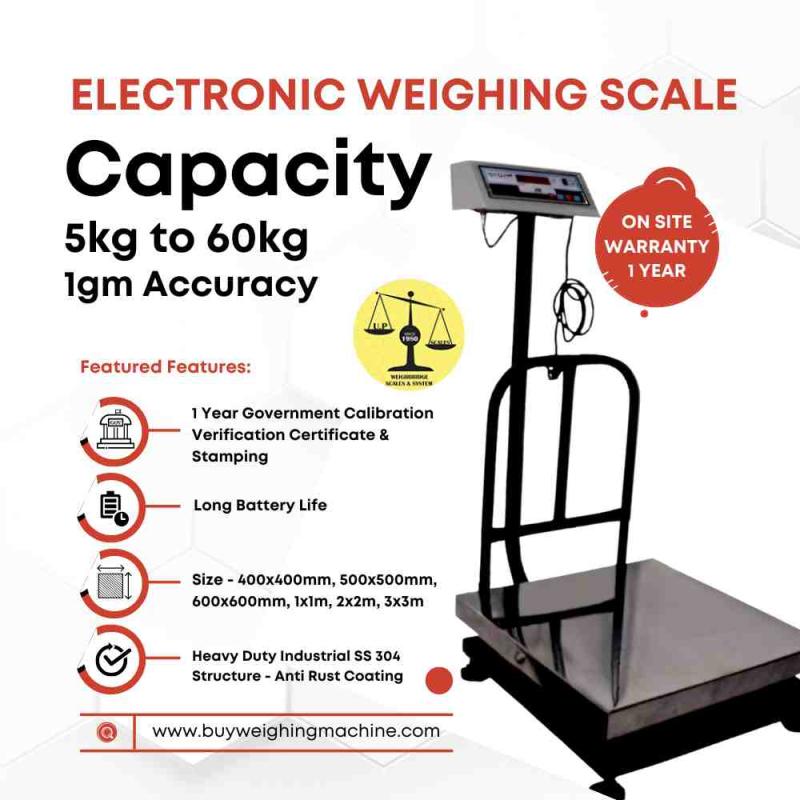 Electronic Weighing Scale 5kg Capacity and Readability 1gm Platform Size 400x400mm | With Government Calibration Certificate & Stamping